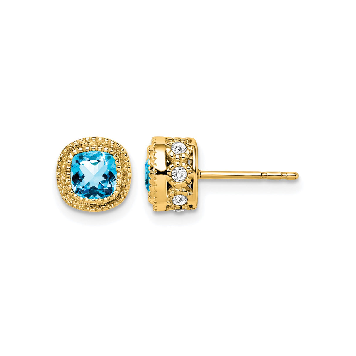 10k Yellow Gold Stud Earrings with Cushion Cut Swiss Blue Topaz and Diamond Accents