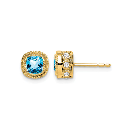 10k Yellow Gold Stud Earrings with Cushion Cut Swiss Blue Topaz and Diamond Accents