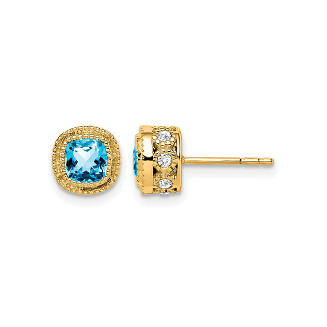 10k Yellow Gold Stud Earrings with Cushion Cut Swiss Blue Topaz and Diamond Accents
