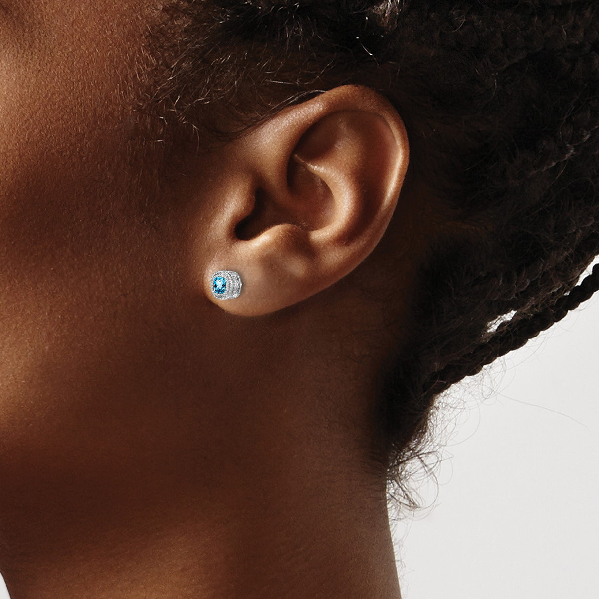 14k White Gold Stud Earrings with Swiss Blue Topaz and Diamond in Vintage Halo Design