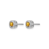 10k White Gold Stud Earrings with Cushion Cut Citrine and Diamond Halo for Women