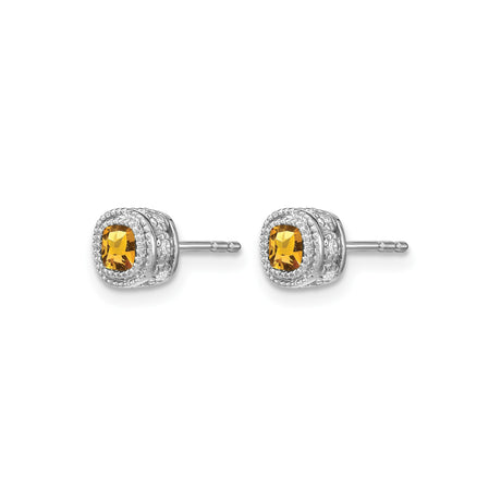 10k White Gold Stud Earrings with Cushion Cut Citrine and Diamond Halo for Women