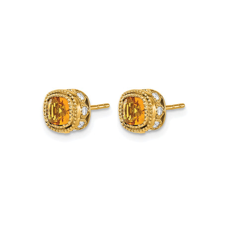 10k Yellow Gold Stud Earrings with Cushion Cut Citrine and Diamond Accents, Vintage Style
