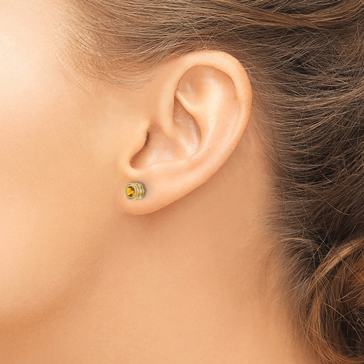 10k Yellow Gold Stud Earrings with Cushion Cut Citrine and Diamond Accents, Vintage Style