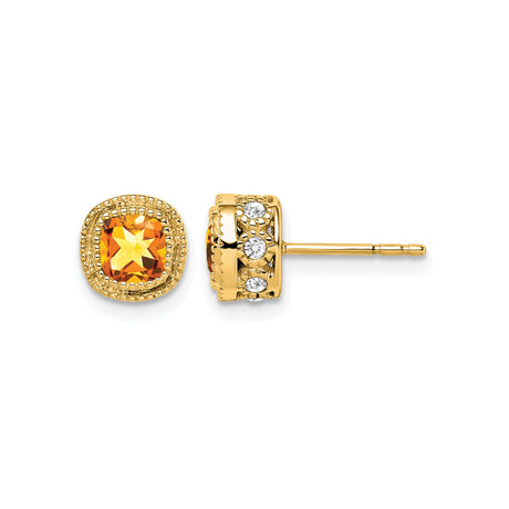10k Yellow Gold Stud Earrings with Cushion Cut Citrine and Diamond Accents, Vintage Style