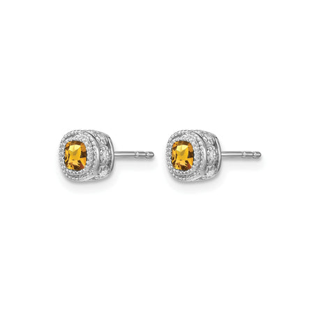 14k White Gold Cushion Cut Citrine and Diamond Halo Stud Earrings for Women
