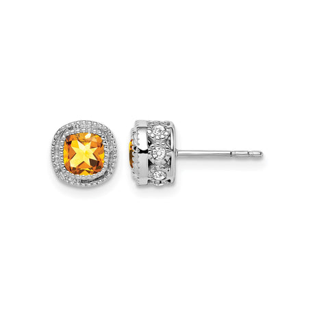14k White Gold Cushion Cut Citrine and Diamond Halo Stud Earrings for Women
