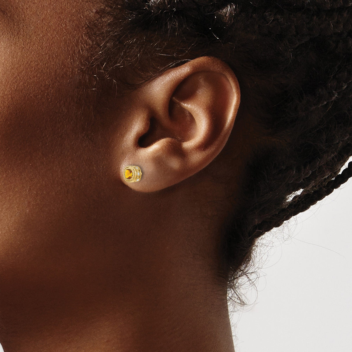 14k Yellow Gold Stud Earrings with Cushion Cut Citrine, Diamond Accents, Vintage Milgrain Detailing