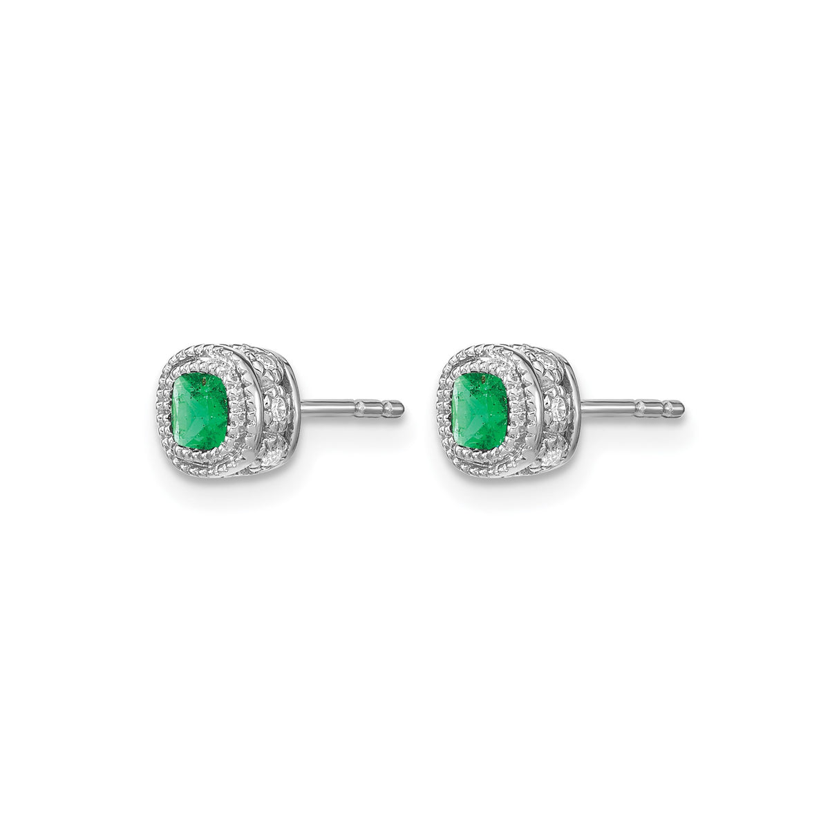 14k White Gold Stud Earrings with Emerald, Diamond Halo, Vintage Floral Design