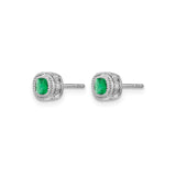 14k White Gold Stud Earrings with Emerald, Diamond Halo, Vintage Floral Design