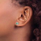 14k White Gold Stud Earrings with Emerald, Diamond Halo, Vintage Floral Design