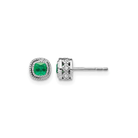 14k White Gold Stud Earrings with Emerald, Diamond Halo, Vintage Floral Design