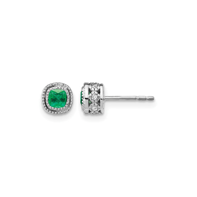 14k White Gold Stud Earrings with Emerald, Diamond Halo, Vintage Floral Design