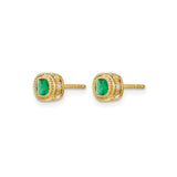 14k Yellow Gold Emerald Stud Earrings with Textured Bezel and Side Diamond Accents