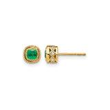 14k Yellow Gold Emerald Stud Earrings with Textured Bezel and Side Diamond Accents