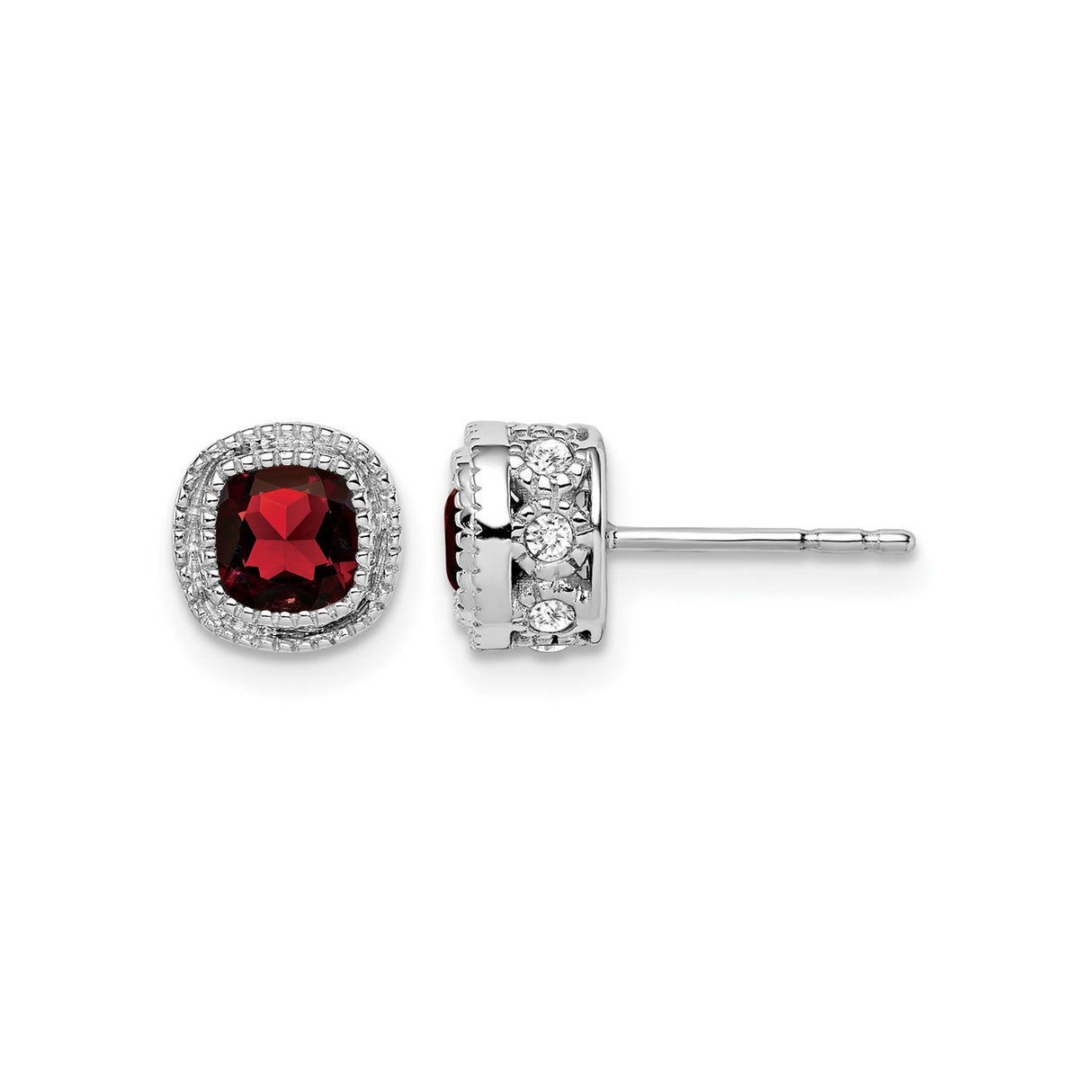 10k White Gold Stud Earrings with Garnet and Diamond Halo, Vintage Inspired Design for Women