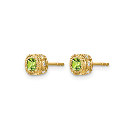 14k Yellow Gold Stud Earrings with Cushion Cut Peridot and Diamond Accents, Milgrain Detailing