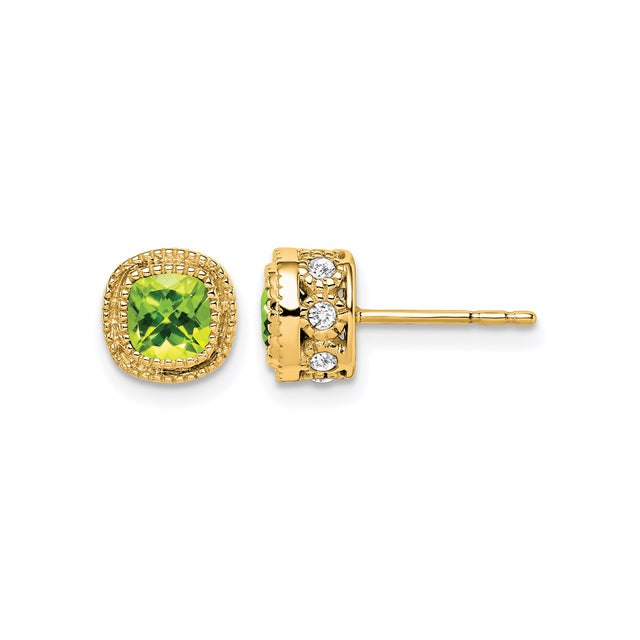 14k Yellow Gold Stud Earrings with Cushion Cut Peridot and Diamond Accents, Milgrain Detailing