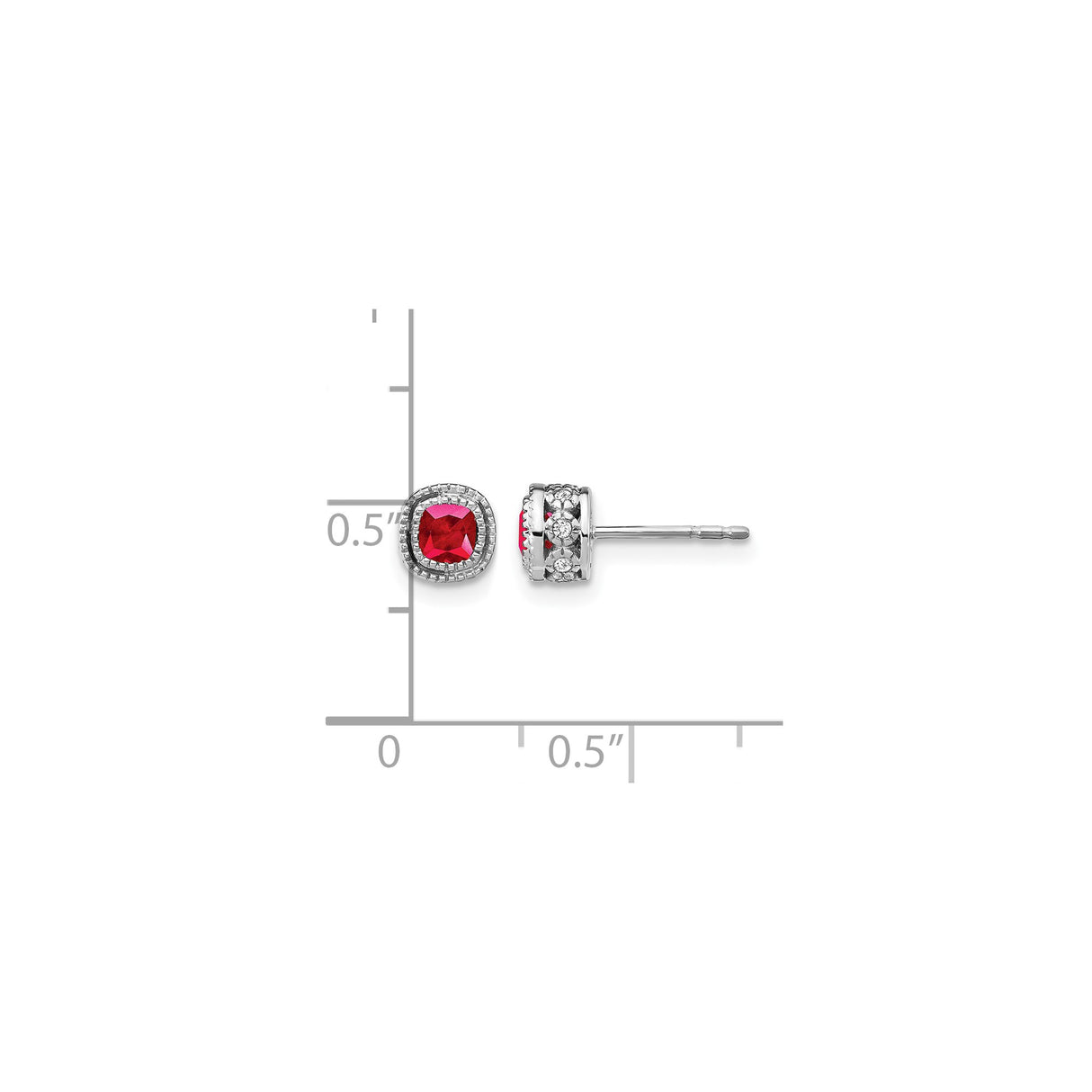 10k White Gold Stud Earrings with Cushion Cut Ruby and Diamond Double Halo Design