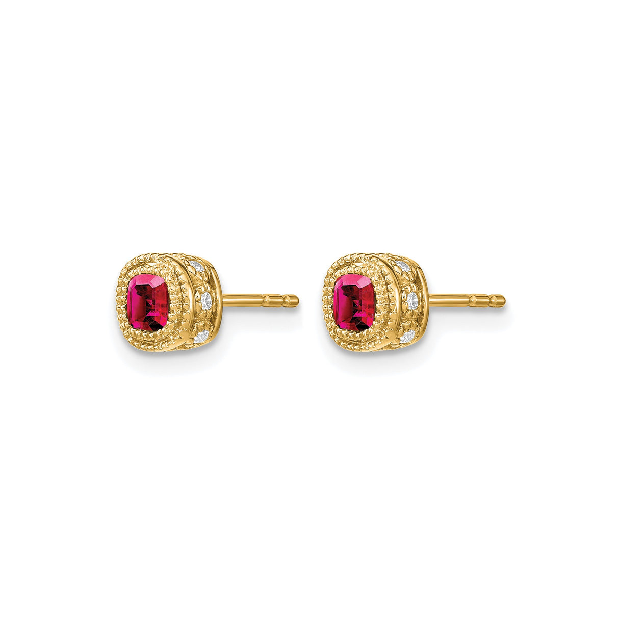 10k Yellow Gold Stud Earrings with Ruby and Diamond Accent Halo Design