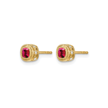10k Yellow Gold Stud Earrings with Ruby and Diamond Accent Halo Design