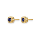 14k Yellow Gold Stud Earrings with Cushion Cut Sapphire, Diamond Accents, Vintage Milgrain Design