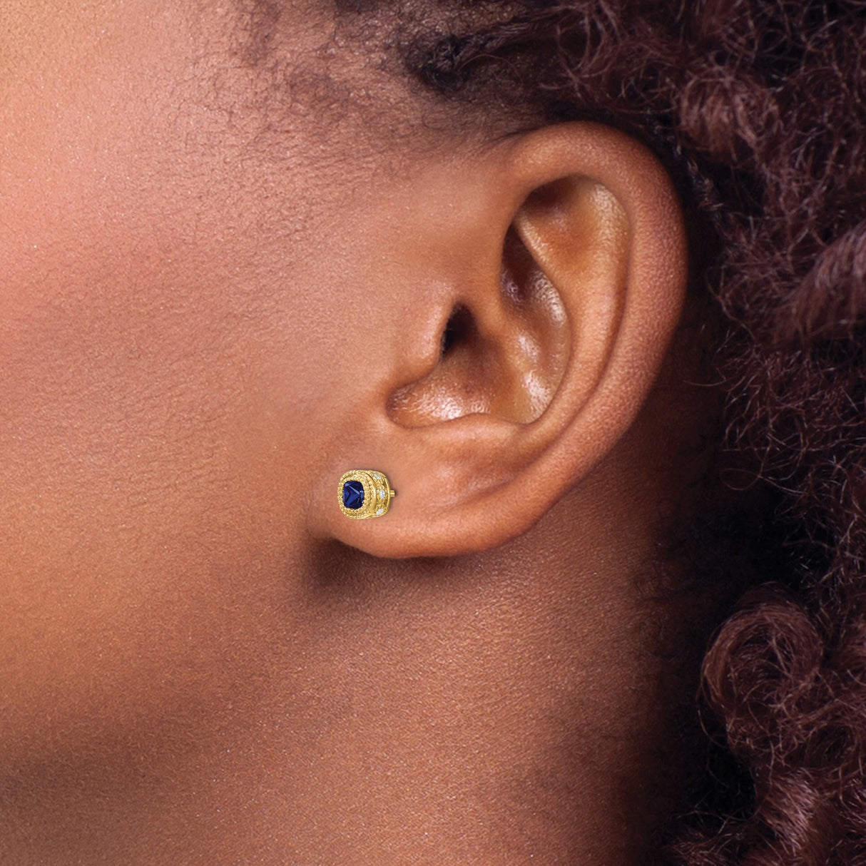 14k Yellow Gold Stud Earrings with Cushion Cut Sapphire, Diamond Accents, Vintage Milgrain Design