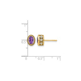 14k Yellow Gold Amethyst Stud Earrings with Diamond Accents, Milgrain Bezel Vintage Style