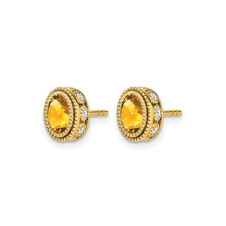 14k Yellow Gold Citrine Stud Earrings, Oval Gemstone with Diamond Accents, Vintage Floral Design