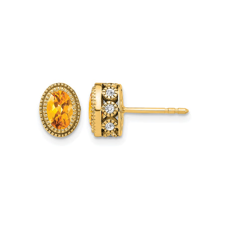 14k Yellow Gold Citrine Stud Earrings, Oval Gemstone with Diamond Accents, Vintage Floral Design