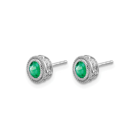 14k White Gold Oval Stud Earrings with Emerald Center and Diamond Halo Accents