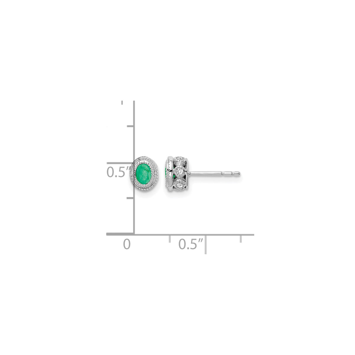 14k White Gold Oval Stud Earrings with Emerald Center and Diamond Halo Accents
