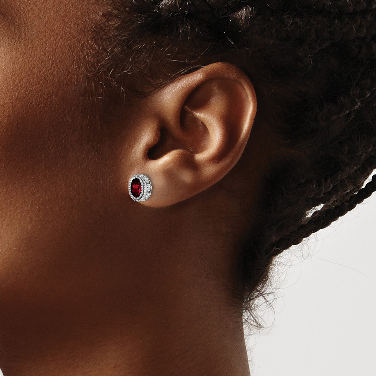 14k White Gold Garnet Stud Earrings with Diamond Accents, Vintage Milgrain Setting