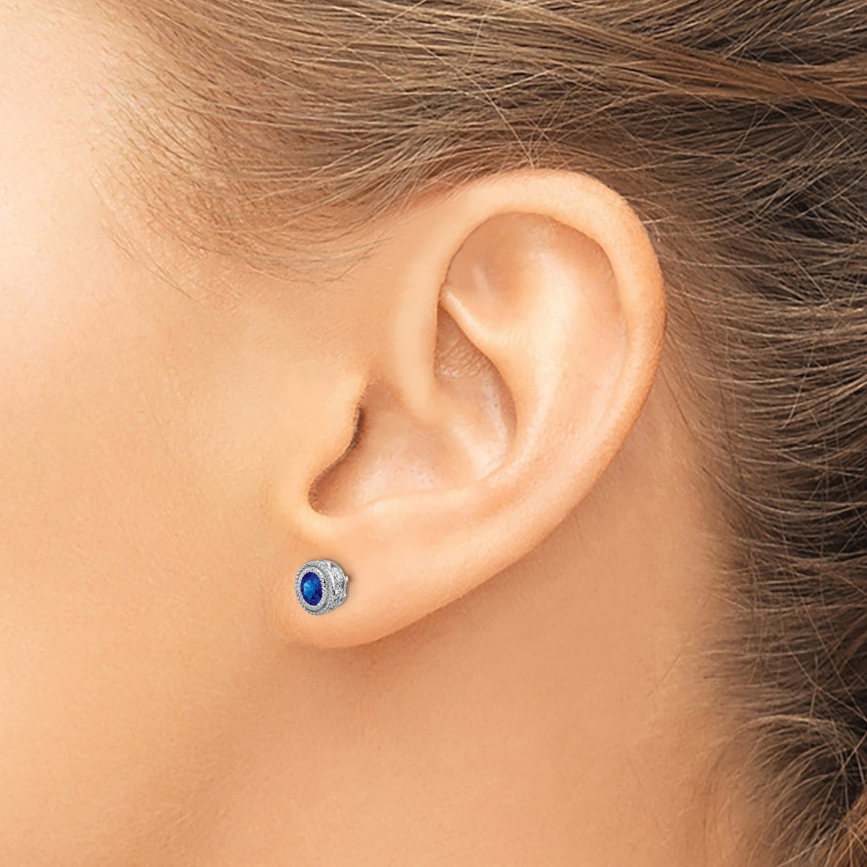 14k White Gold Sapphire Stud Earrings with Diamond Halo, Classic Oval Design for Women