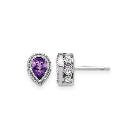 14k White Gold Teardrop Amethyst Stud Earrings with Diamond Halo for Women