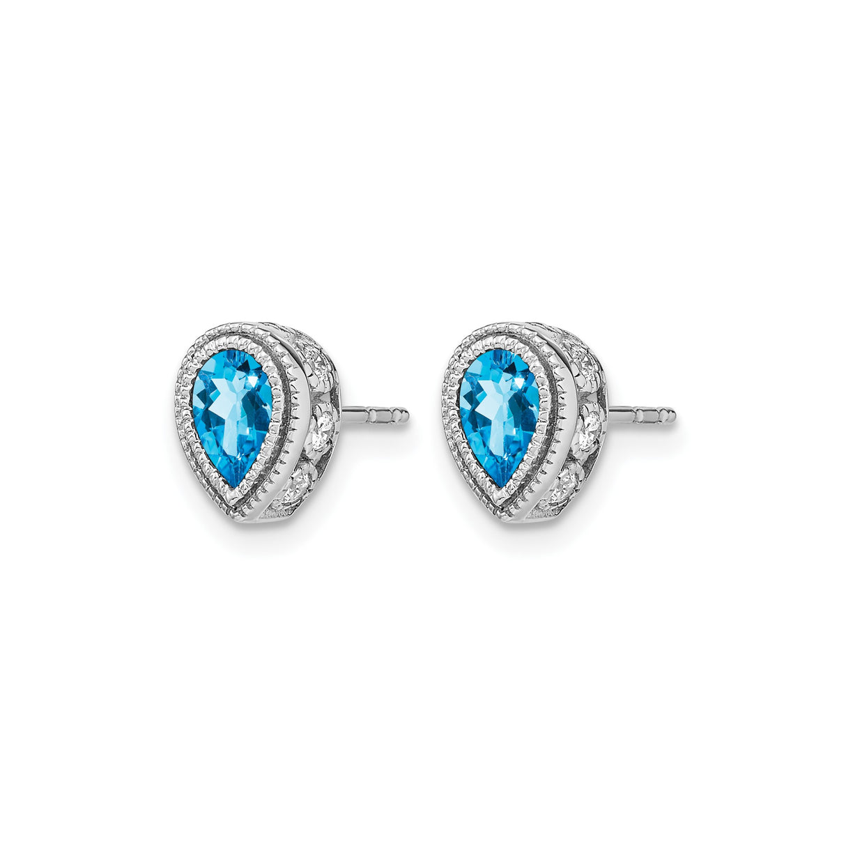 14k White Gold Stud Earrings with Pear Shaped Swiss Blue Topaz and Diamond Halo