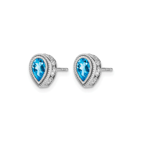 14k White Gold Stud Earrings with Pear Shaped Swiss Blue Topaz and Diamond Halo