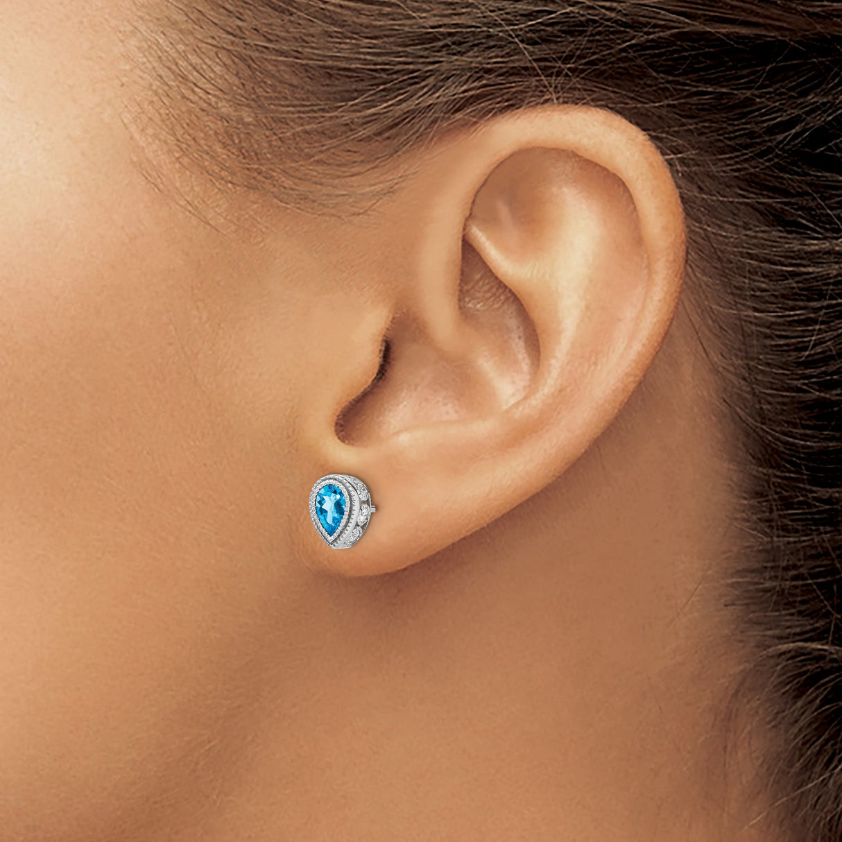 14k White Gold Stud Earrings with Pear Shaped Swiss Blue Topaz and Diamond Halo