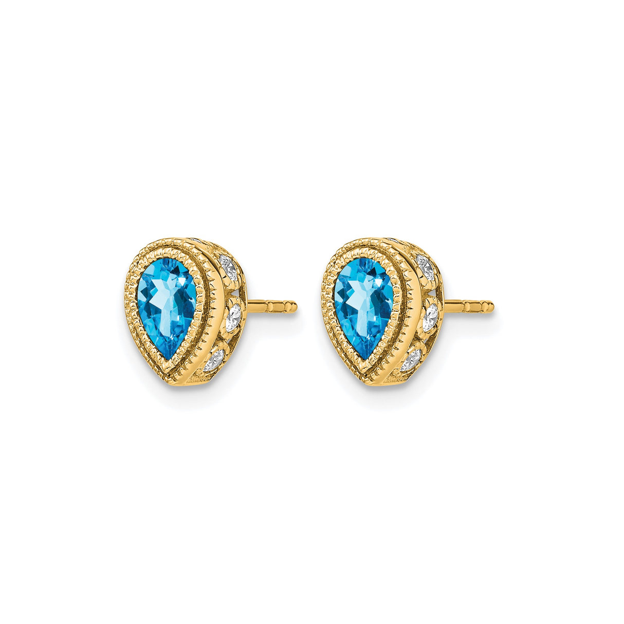 14k Yellow Gold Teardrop Stud Earrings with Swiss Blue Topaz and Diamond Accents