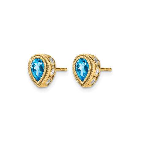 14k Yellow Gold Teardrop Stud Earrings with Swiss Blue Topaz and Diamond Accents