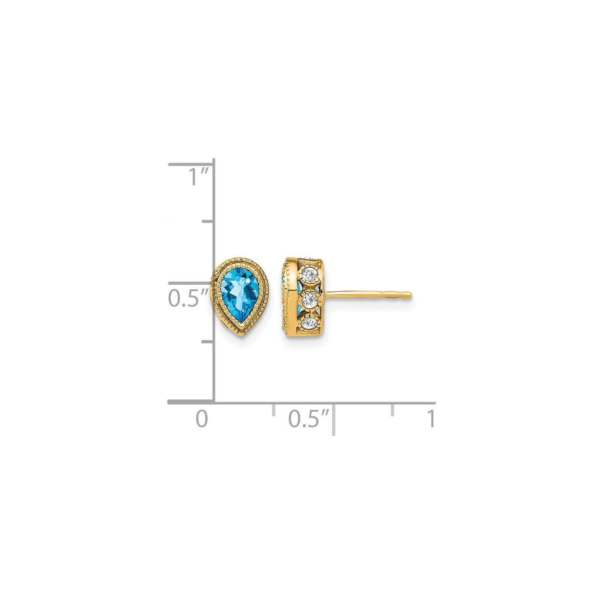 14k Yellow Gold Teardrop Stud Earrings with Swiss Blue Topaz and Diamond Accents
