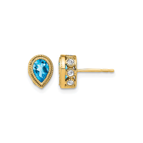 14k Yellow Gold Teardrop Stud Earrings with Swiss Blue Topaz and Diamond Accents