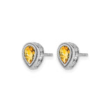 14k White Gold Teardrop Stud Earrings with Citrine Center and Diamond Halo Detailing