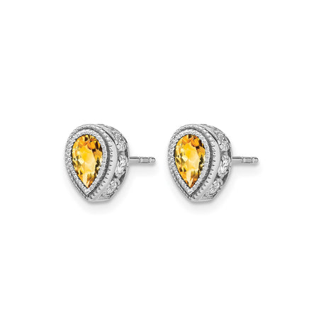 14k White Gold Teardrop Stud Earrings with Citrine Center and Diamond Halo Detailing