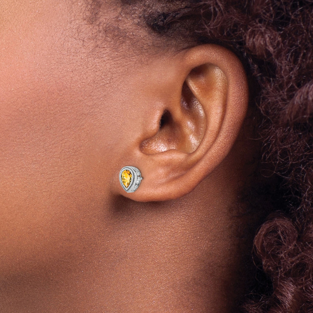 14k White Gold Teardrop Stud Earrings with Citrine Center and Diamond Halo Detailing