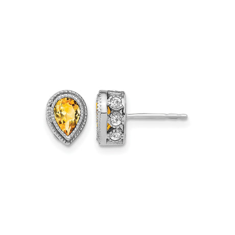 14k White Gold Teardrop Stud Earrings with Citrine Center and Diamond Halo Detailing