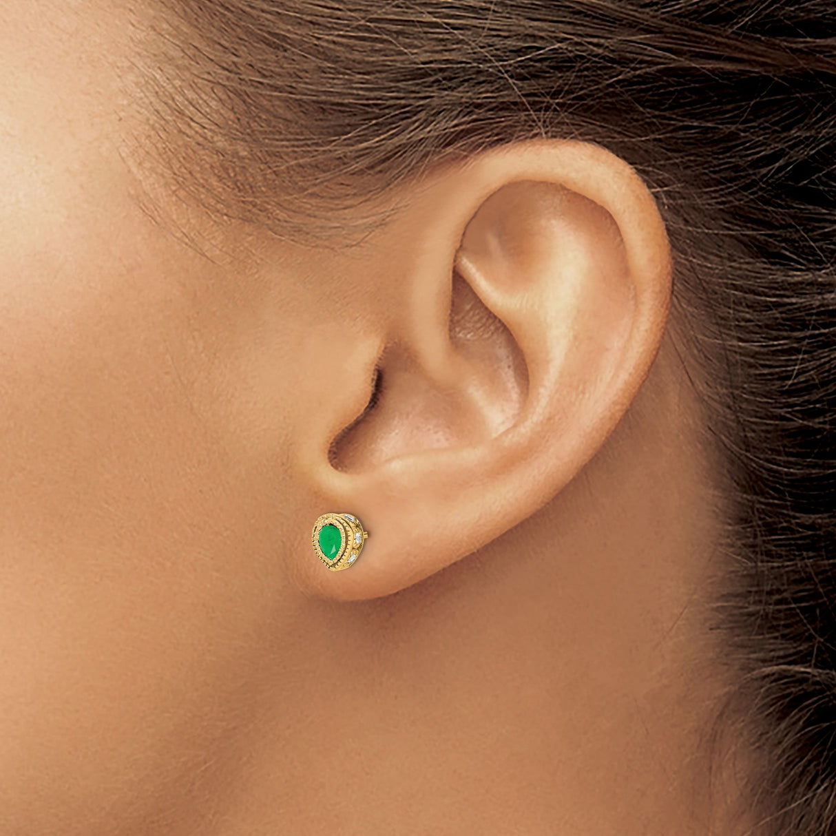 14k Yellow Gold Teardrop Stud Earrings with Emerald and Diamond Accents for Women