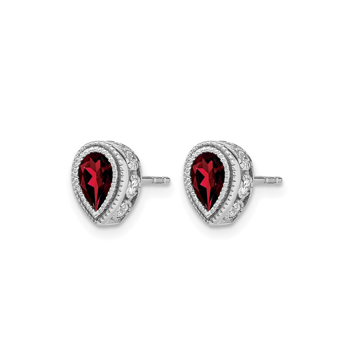 14k White Gold Garnet Stud Earrings with Diamond Accents, Teardrop January Birthstone Jewelry