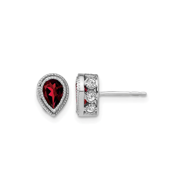 14k White Gold Garnet Stud Earrings with Diamond Accents, Teardrop January Birthstone Jewelry