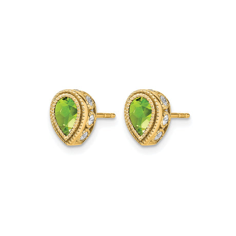 14k Yellow Gold Stud Earrings with Pear Peridot, Diamond Accents, Halo Setting